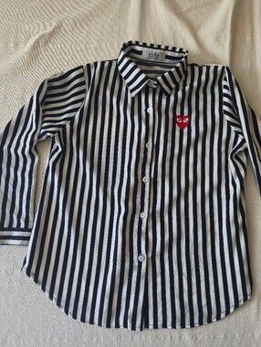Comme des Garçons Play Striped Button-Up Shirt with Red Heart Logo